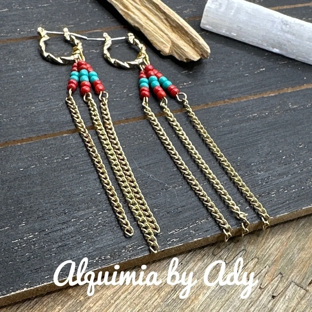 SHOULDER DUSTER turquoise Gold and Red Fringe Earrings